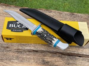 LEROY REMER BUCK 119 ALUMINUM GUARD AND BUTT SAMBAR STAG W/BLUE TURQUOISE INLAYS #15