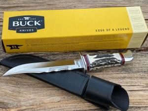 LEROY REMER BUCK 119 ALUMINUM GUARD SAMBAR STAG W/BLOODY JASPER WHITE & BLUE PAPER TRIM INLAYS #16