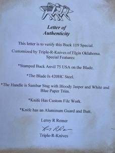  LEROY REMER BUCK 119 ALUMINUM GUARD SAMBAR STAG W/BLOODY JASPER WHITE & BLUE PAPER TRIM INLAYS #16
