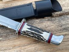  LEROY REMER BUCK 119 ALUMINUM GUARD SAMBAR STAG W/BLOODY JASPER WHITE & BLUE PAPER TRIM INLAYS #16