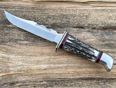  LEROY REMER BUCK 119 ALUMINUM GUARD SAMBAR STAG W/BLOODY JASPER WHITE & BLUE PAPER TRIM INLAYS #16