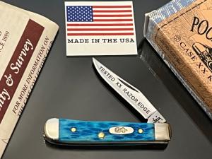 Case XX Tiny Trapper Single Blade Tested “Tested XX Razor Edge”Caribbean Blue Bone Knife SFO Mint.