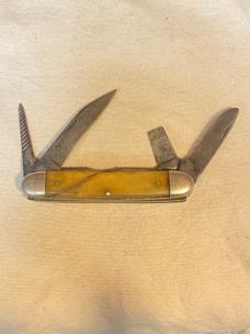 Vintage High Carbon Steel USA 4-Blade Pocketknife – Horn Scales – Spiral Punch – 3-5/8” Closed
