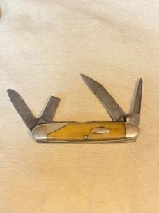 Vintage High Carbon Steel USA 4-Blade Pocketknife – Horn Scales – Spiral Punch – 3-5/8” Closed