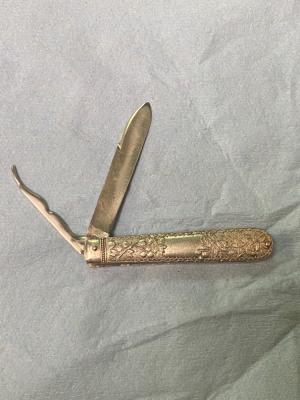 Vintage Ornate Fruit Knife Unmarked Silver Handle 2 Blade