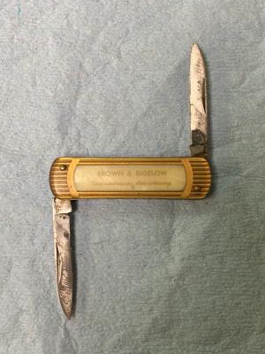 Vintage Brown amp Bigelow Remembrance Advertising Pocket Knife 2-Blade Striped Celluloid 2