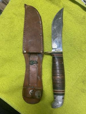 Vintage Western USA Fixed Blade Hunting Knife Trailing Clip Point/Leather/8 3/4”