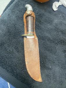 Vintage Western USA Fixed Blade Hunting Knife Trailing Clip Point/Leather/8 3/4”