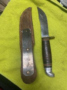 Vintage Western USA Fixed Blade Hunting Knife Trailing Clip Point/Leather/8 3/4”