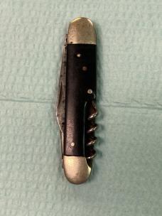 Vintage Champagne Knife - Black Celluloid, Nickel Silver Bolsters, Corkscrew