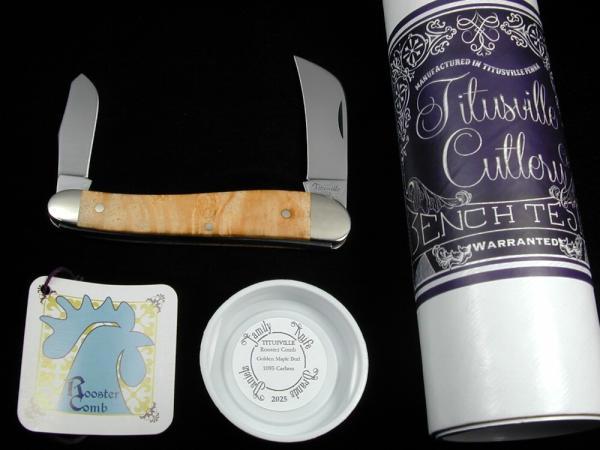 Titusville Cutlery Golden Maple Burl Wood Rooster Comb Farmer Knife Rare 1 of 10 COA USA Made 2025 Titusville Cutlery Golden Maple Burl Wood Rooster Comb Farmer Knife Rare 1 of 10 COA USA Made 2025
