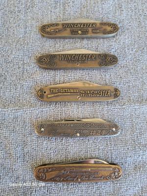 Lot of 5 vintage Winchester brass knives; All USA; Very Good ++
