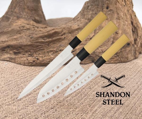 Hen & Rooster Three Piece Kitchen Knife Set 3pc Tan Wood Stainless K100