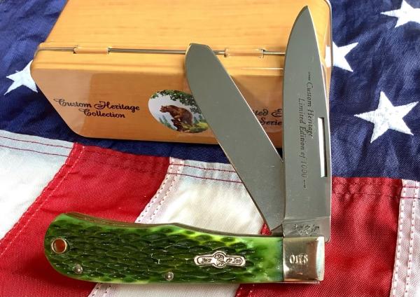 Bear & Son Custom Heritage Large Trapper / Mountain Man Knife w/ Green Bone Handles