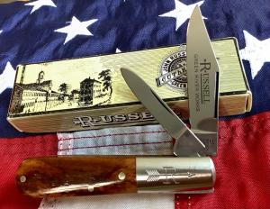 Russell (Green River Works) Barlow Pocket Knife w/ Great Brown Bone Handles & Blade Etch - NOS