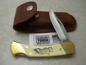 Schrade USA 507SC Owl Scrimshaw Medium Folding Hunter Knife w/Leather Pouch