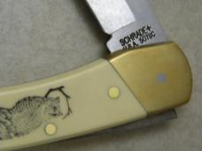 Schrade USA 507SC Owl Scrimshaw Medium Folding Hunter Knife w/Leather Pouch