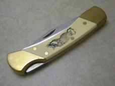 Schrade USA 507SC Owl Scrimshaw Medium Folding Hunter Knife w/Leather Pouch
