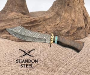 Damascus Scimitar Walnut/Turquoise Fixed Blade Bowie Knife w/Belt Sheath-DM-1252
