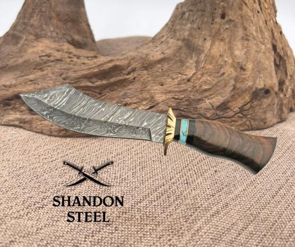 Damascus Scimitar Walnut/Turquoise Fixed Blade Bowie Knife w/Belt Sheath-DM-1252 Damascus Scimitar Walnut/Turquoise Fixed Blade Bowie Knife w/Belt Sheath-DM-1252
