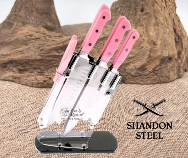 Hen & Rooster Set Seven Piece Kitchen Knife Stainless Blade Pink ABS Handle I036
