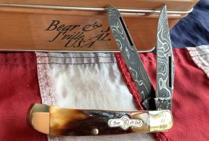 Bear & Son Custom 2 Blade Trapper w/ Red Stag Handles & Damascus Blades -NOS
