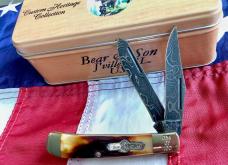 Bear & Son Custom 2 Blade Trapper w/ Red Stag Handles & Damascus Blades -NOS