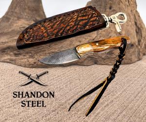Burr Oak Handmade Dangler - Ladder Pattern Damascus Drop Point By MARK NEVLING