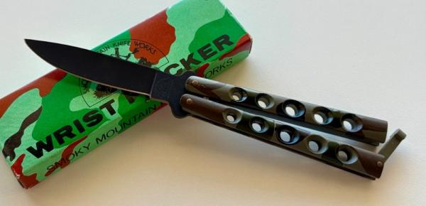 Vintage Smoky Mountain Knife Works Wrist Flicker Balisong Butterfly Knife, Camo Handle, Japan Vintage Smoky Mountain Knife Works Wrist Flicker Balisong Butterfly Knife, Camo Handle, Japan