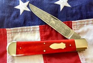 Bulldog Large 5 &1/2" Display Trapper Knife w/ Red Bone Handles & Standing Pit Bull Dog Blade Etch