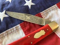 Bulldog Large 5 &1/2" Display Trapper Knife w/ Red Bone Handles & Standing Pit Bull Dog Blade Etch