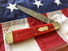 Bulldog Large 5 &1/2" Display Trapper Knife w/ Red Bone Handles & Standing Pit Bull Dog Blade Etch