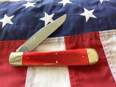 Bulldog Large 5 &1/2" Display Trapper Knife w/ Red Bone Handles & Standing Pit Bull Dog Blade Etch