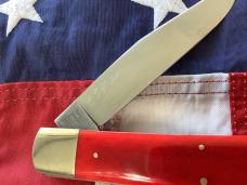 Bulldog Large 5 &1/2" Display Trapper Knife w/ Red Bone Handles & Standing Pit Bull Dog Blade Etch