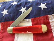 Bulldog Large 5 &1/2" Display Trapper Knife w/ Red Bone Handles & Standing Pit Bull Dog Blade Etch