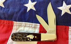 Vintage Ka-Bar Dog Head Barlow Knife w/ Sweet Dark Brown Bone Handles +Dog Head Shield -NOS & M/NM