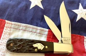 Vintage Ka-Bar Dog Head Barlow Knife w/ Sweet Dark Brown Bone Handles +Dog Head Shield -NOS & M/NM