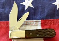 Vintage Ka-Bar Dog Head Barlow Knife w/ Sweet Dark Brown Bone Handles +Dog Head Shield -NOS & M/NM