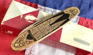 J A Henckels 2 Blade Gents Knife w/ Metal Art Worked Handles w/ Long arm twin men & orig box