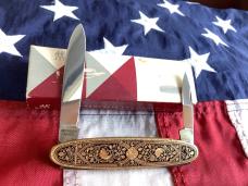 J A Henckels 2 Blade Gents Knife w/ Metal Art Worked Handles w/ Long arm twin men & orig box