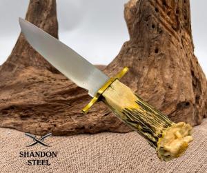Custom Clip Point Bowie Knife Stag Handle with Turtle Carved on Pommel Hand Made