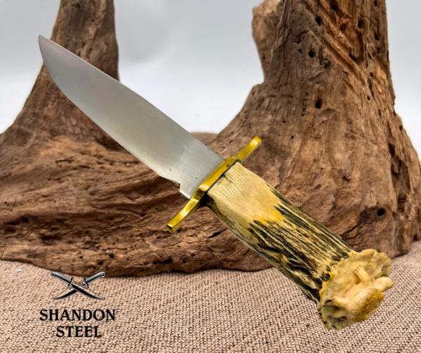 Custom Clip Point Bowie Knife Stag Handle with Turtle Carved on Pommel Hand Made Custom Clip Point Bowie Knife Stag Handle with Turtle Carved on Pommel Hand Made