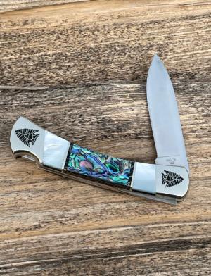 BUCK 110 ** BRIAN YELLOWHORSE CUSTOM ARROWHEAD MOTHER OF PEARL ABALONE FOLDING HUNTER