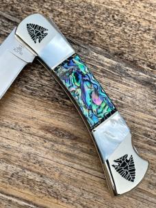 BUCK 110 ** BRIAN YELLOWHORSE CUSTOM ARROWHEAD MOTHER OF PEARL ABALONE FOLDING HUNTER