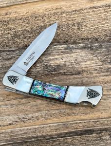 BUCK 110 ** BRIAN YELLOWHORSE CUSTOM ARROWHEAD MOTHER OF PEARL ABALONE FOLDING HUNTER