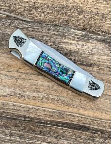 BUCK 110 ** BRIAN YELLOWHORSE CUSTOM ARROWHEAD MOTHER OF PEARL ABALONE FOLDING HUNTER