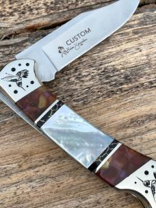 BUCK 112 ** BRIAN YELLOWHORSE CUSTOM HUMMINGBIRD MOTHER OF PEARL FOLDING HUNTER