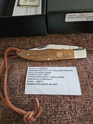 Canal Street Cutlery 5 1/4 Folding Hunter. Reclaimed American Chestnut 