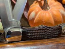 Case USA 1965-69 6265 SAB Folding Hunter with jigged wood handles. Stainless blades drilled 