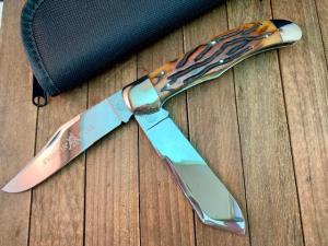 Wendell Carson Folding Hunter Amber Worm Groove Bone 